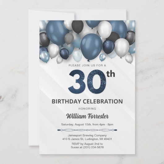 Invitation Blue Silver Black & White 30e anniversaire Invitat (Devant)