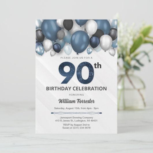 Invitation Blue Silver Black & White 90e anniversaire Invitat (Debout devant)