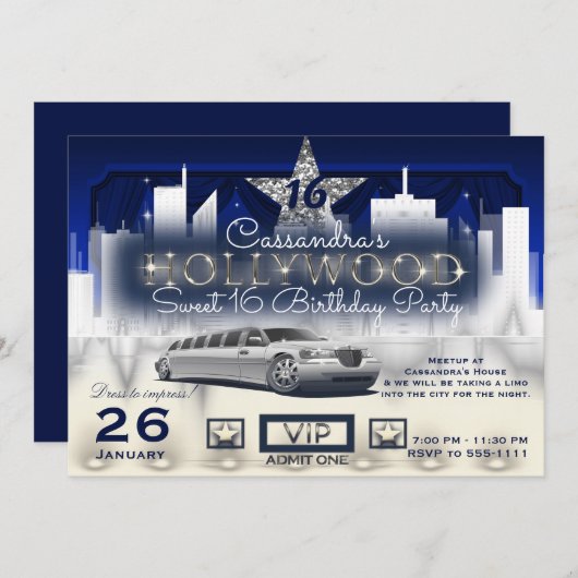 Invitation Blue Silver City Night Lights Limo Hollywood Party (Devant / Derrière)