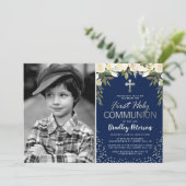 Invitation Blue Silver Floral Boy First Holy Communion Photo (Debout devant)