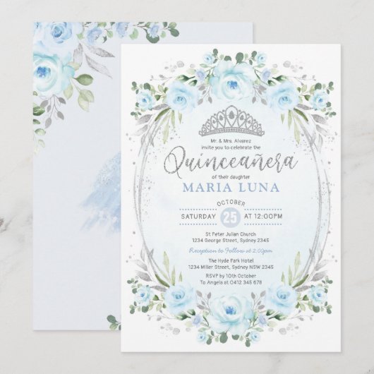 Invitation Blue Silver Floral Crown Princesse Quinceañera (Devant / Derrière)