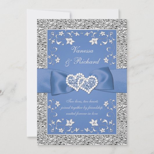 Invitation Blue Silver Floral Hearts FAUX Foil Wedding Invite (Devant)