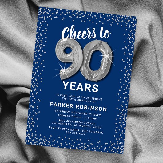 Invitation Blue Silver Glitter 90e Anniversaire