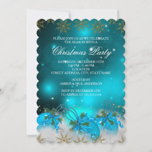 Invitation Blue Silver & Gold Holly Baubles Noël Party 2