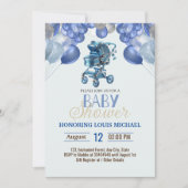 Invitation Blue Silver Gold Stroller Parties scintillant Baby (Devant)