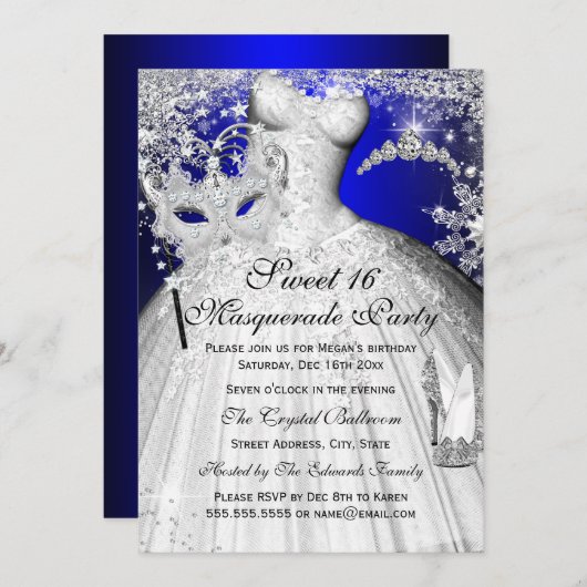 Invitation Blue & Silver Princess Masquerade Sweet 16 Invitat (Devant / Derrière)