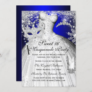 Invitation Blue & Silver Princess Masquerade Sweet 16 Invitat