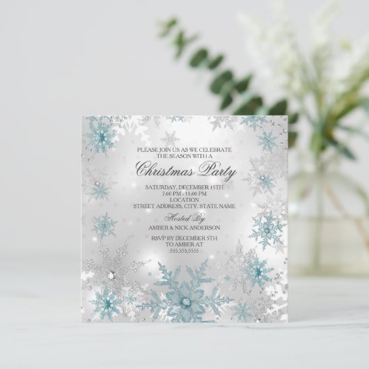Invitation Blue Silver Snowflake fête Noël SQ (Debout devant)