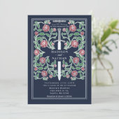 Invitation Blue Silver Sword Floral Medieval Fantasy Wedding (Debout devant)