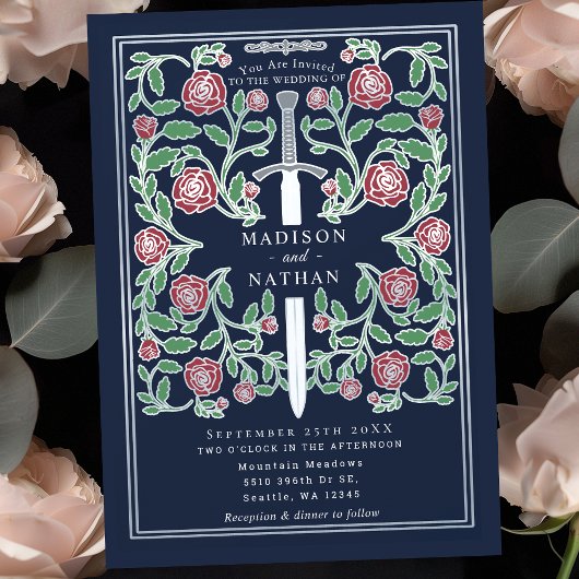 Invitation Blue Silver Sword Floral Medieval Fantasy Wedding