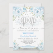 Invitation Blue Silver Twin Boys Hot Air Balloon Baby shower (Devant)