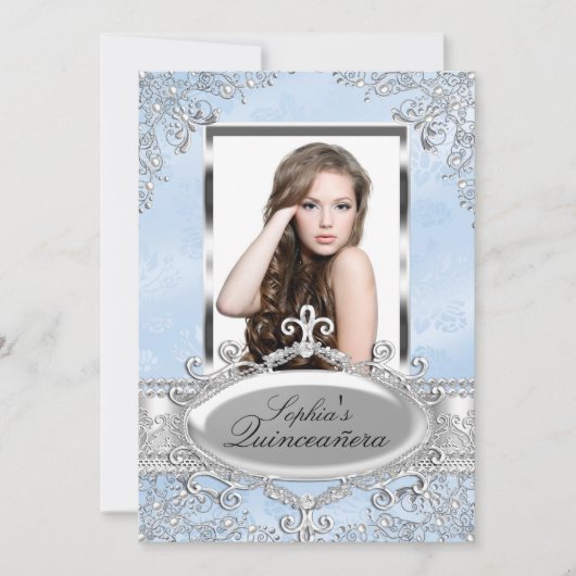 Invitation Blue Silver Vintage Glamour Photo Quinceanera (Devant)
