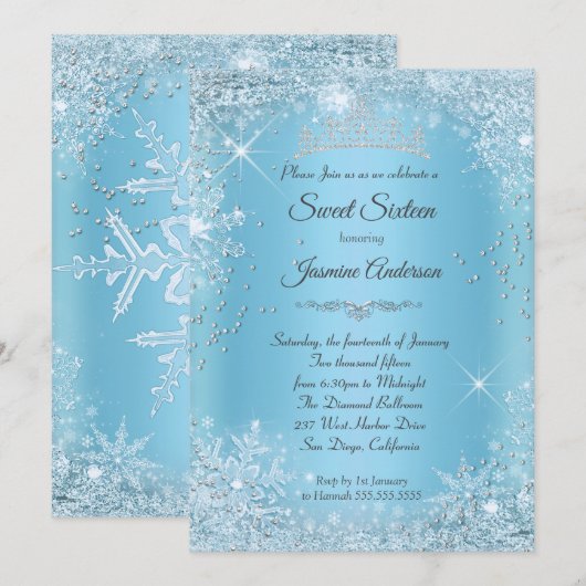 Invitation Blue Silver Winter Wonderland Sweet 16 Tiara (Devant / Derrière)