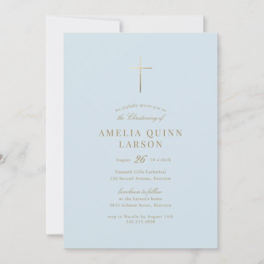 Invitation Blue Simple Elegant Gold Cross Christening (Devant)