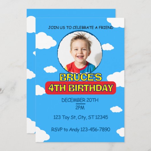 Invitation Blue Sky & Clouds Friend Birthday (Devant / Derrière)