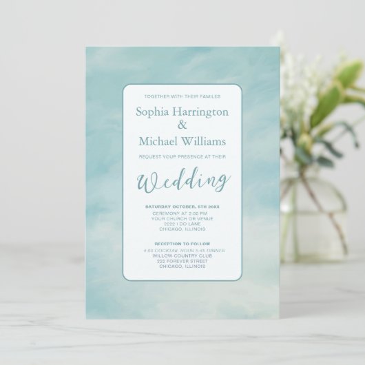 Invitation Blue Sky Nuages Mariage Inviter QR Code Ethereal (Debout devant)