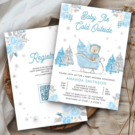 Invitation Blue Sleigh Cute Teddy Bear Baby Shower
