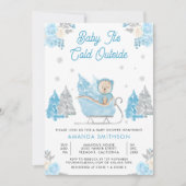 Invitation Blue Sleigh Cute Teddy Bear Baby Shower (Devant)