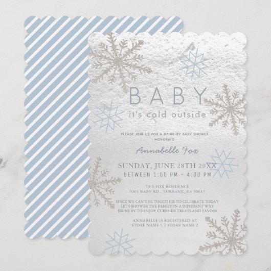 Invitation Blue Snowflake Baby Son Baby shower Cold Drive by (Devant / Derrière)
