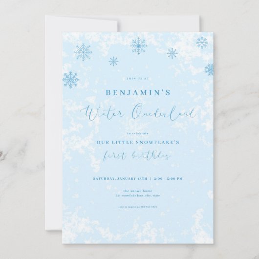 Invitation Blue Snowflake Hiver Onederland Anniversaire Invit (Devant)