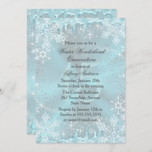 Invitation Blue Snowflake Winter Wonderland Quinceanera (Devant / Derrière)