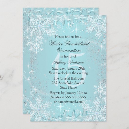 Invitation Blue Snowflake Winter Wonderland Quinceanera (Devant / Derrière)