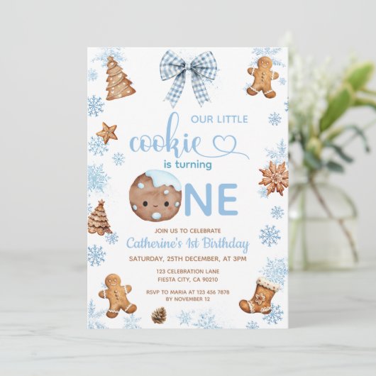Invitation Blue Snowflakes Cookies is turning one (Debout devant)