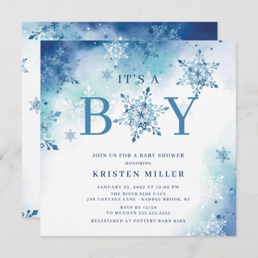 Invitation Blue Snowflakes Winter It's Boy Baby shower (Devant / Derrière)