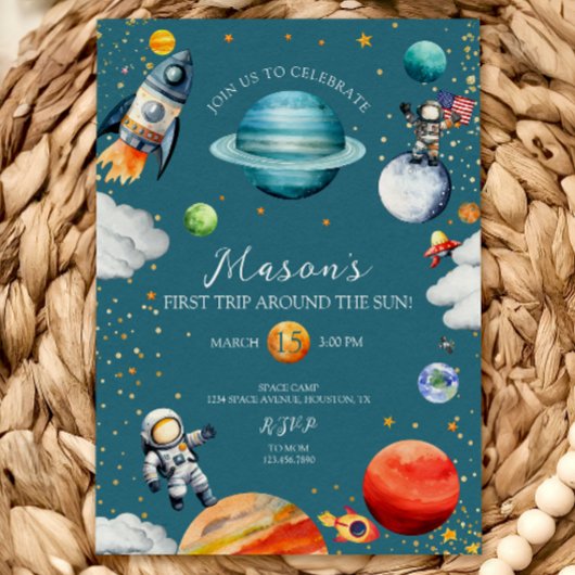 Invitation Blue Space Rocket & Astronaut 1st Trip Around