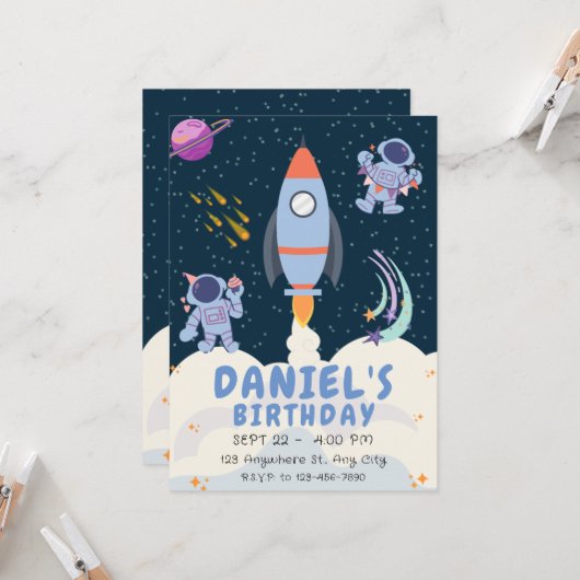 Invitation Blue Space & Rockets Anniversaire (Devant/Arrière en situation)