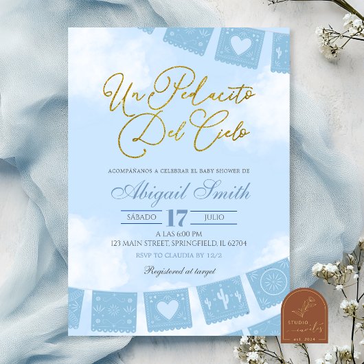 Invitation Blue Spanish piece of heaven baby shower