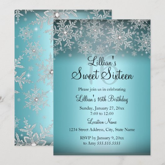 Invitation Blue Sparkle Flocon de Neige Sweet 16 (Devant / Derrière)