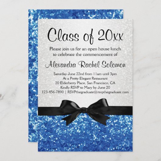Invitation Blue Sparkle-look Bow Graduation/fête (Devant / Derrière)
