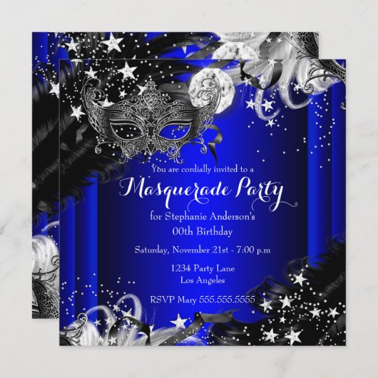 Invitation Blue Sparkle Magique Nuit Masquerade Party (Devant / Derrière)