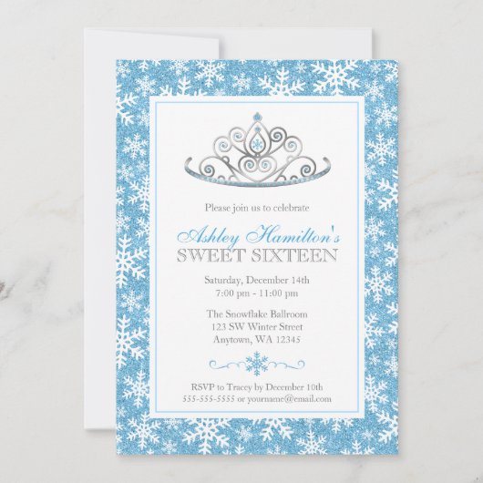 Invitation Blue Sparkle Princess Winter Wonderland Sweet 16 (Devant)