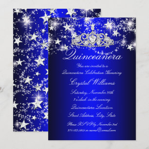 Invitation Blue Sparkle Tiara & Stars Quinceanera