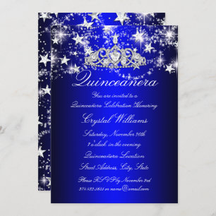 Invitation Blue Sparkle Tiara & Stars Quinceanera