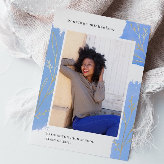 Invitation Blue Splashes Botanical Photo Graduation Party