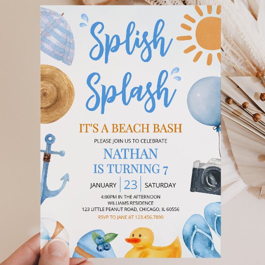 Invitation Blue Splish Splash Beach Bash Anniversaire