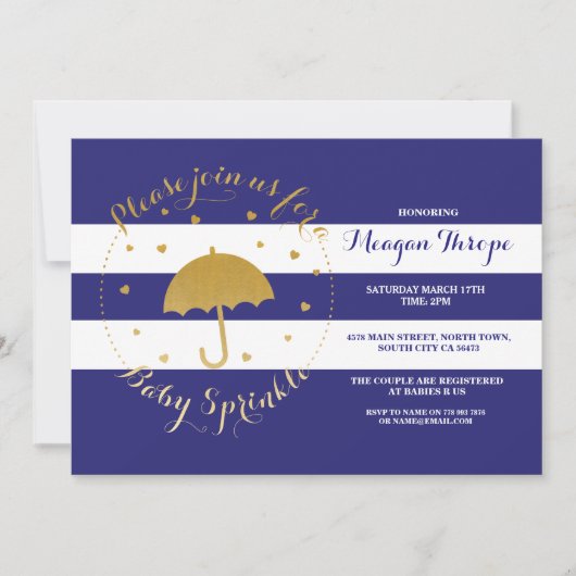 Invitation Blue Sprinkle Marine Blue Douche Gold Baby Invitat (Devant)