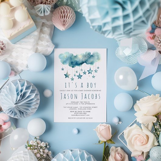 Invitation Blue stars C'est un baby shower garçon