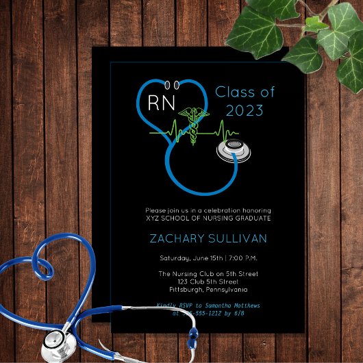 Invitation Blue Stethoscope EKG Soins infirmiers fête de grad