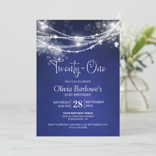 Invitation Blue String Lights 21e fête d'anniversaire (Debout devant)