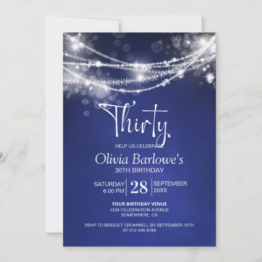 Invitation Blue String Lights 30e fête d'anniversaire (Devant)