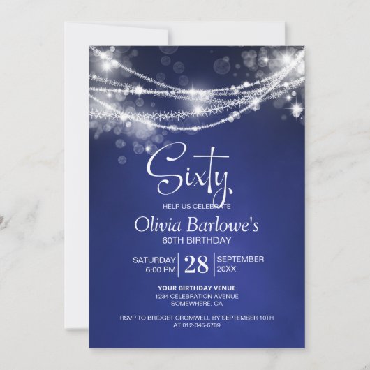 Invitation Blue String Lights 60e fête d'anniversaire (Devant)