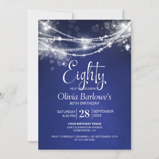 Invitation Blue String Lights 80e fête d'anniversaire (Devant)