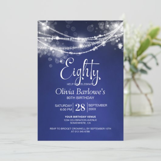 Invitation Blue String Lights 80e fête d'anniversaire (Debout devant)