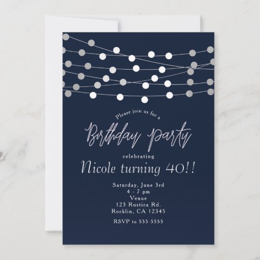 Invitation Blue String Lights Moderne Chic fête d'anniversair (Devant)