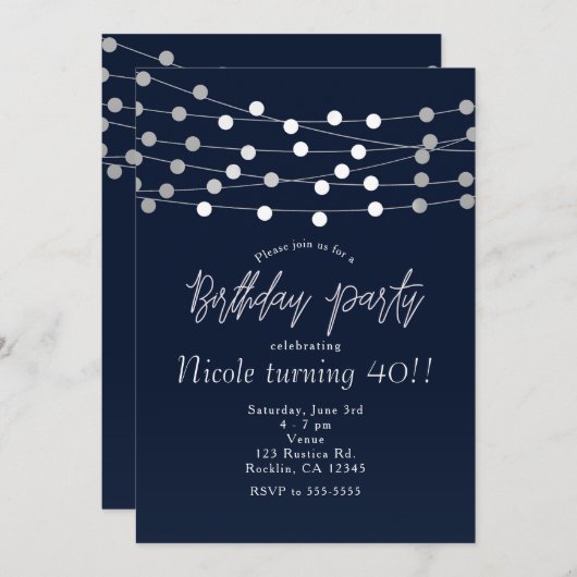 Invitation Blue String Lights Moderne Chic fête d'anniversair (Devant / Derrière)