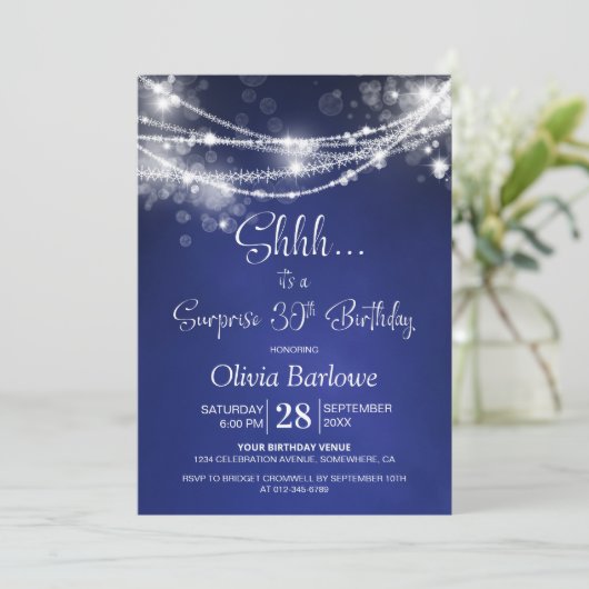 Invitation Blue String Lights Surprise 30e fête d'anniversair (Debout devant)